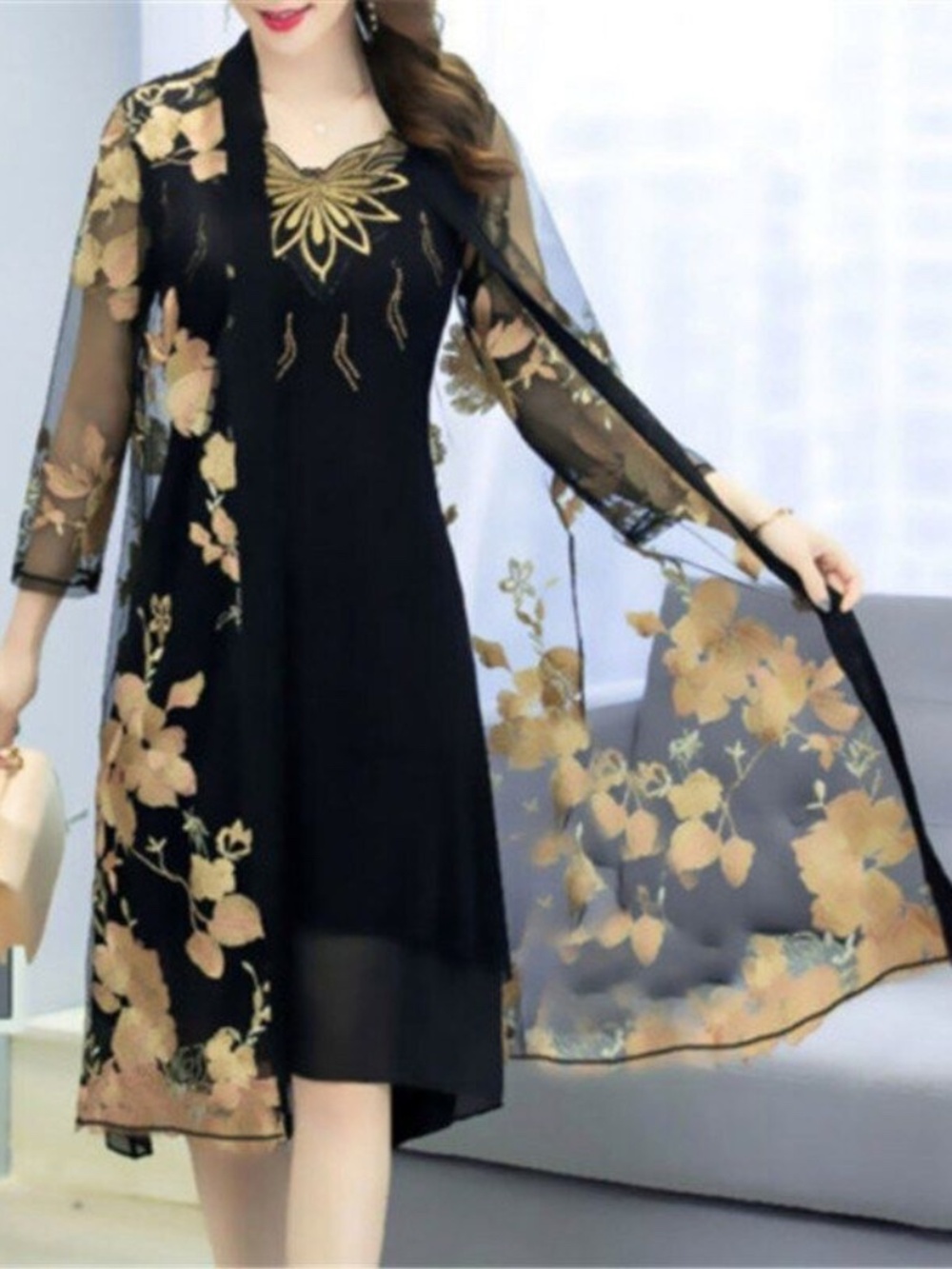 Midi Jacket Open Front Shawl Cardigan Sheer Mesh Women's Floral Print 3/4 Sleeve